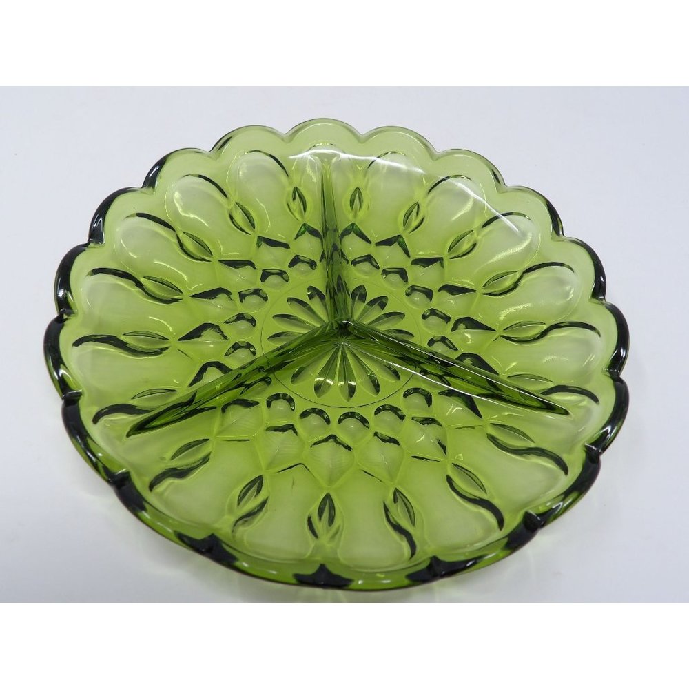 Vintage Green Glass Divided 3-Section Relish Tray 8 1/2"